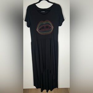 Lauren Moshi electric rainbow lips black tshirt hi-low dress sz L California